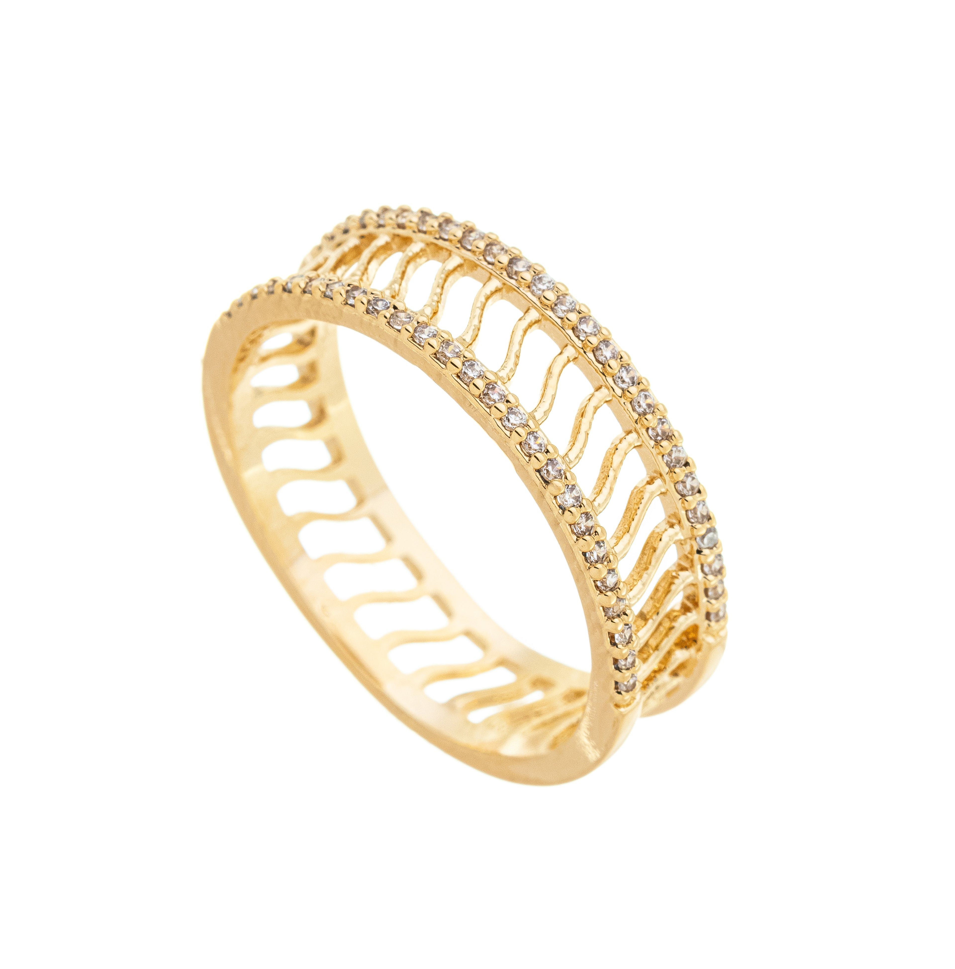Anel vazado com zircônias banhado a ouro 18k