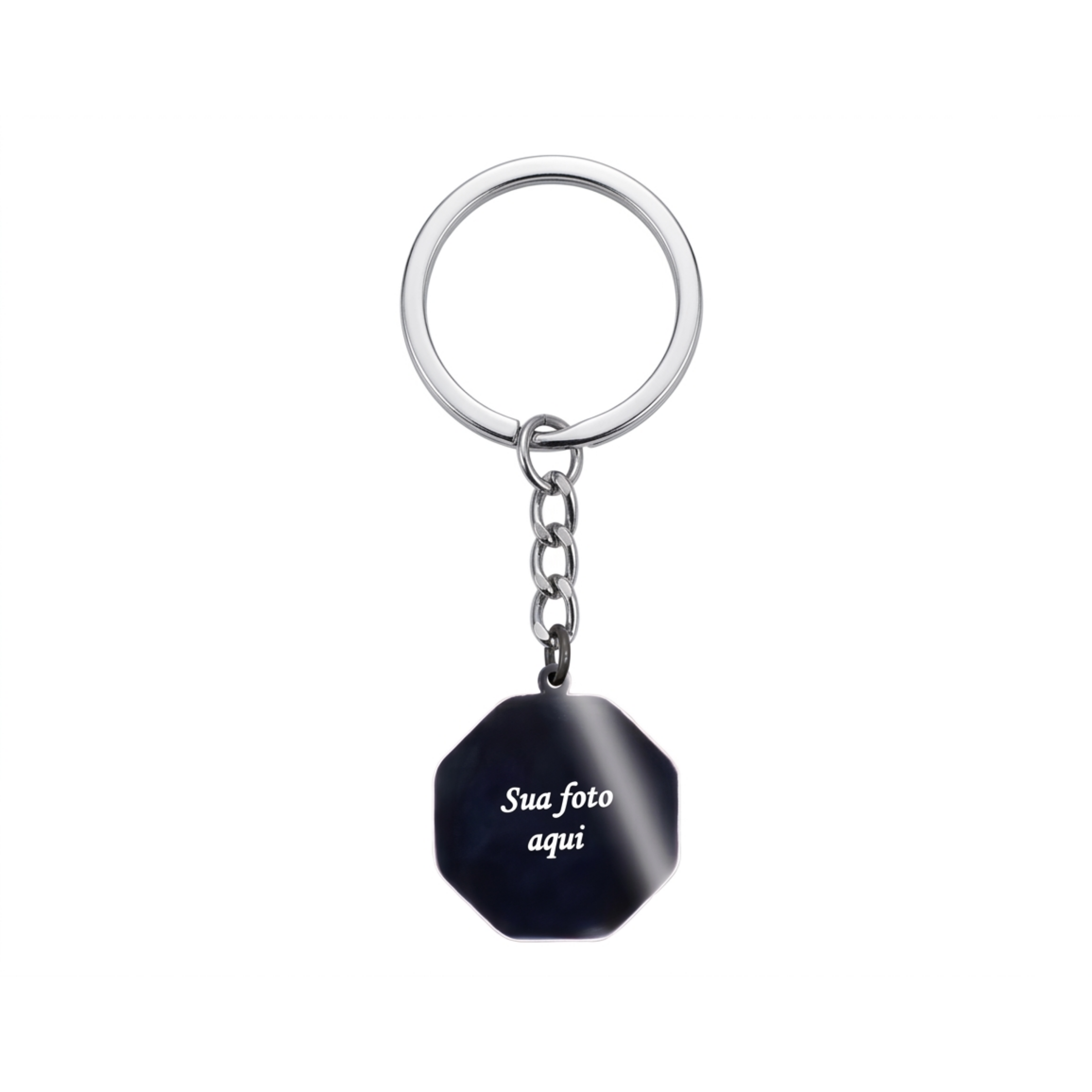 Chaveiro personalizado octogonal em aço inox com foto gravada